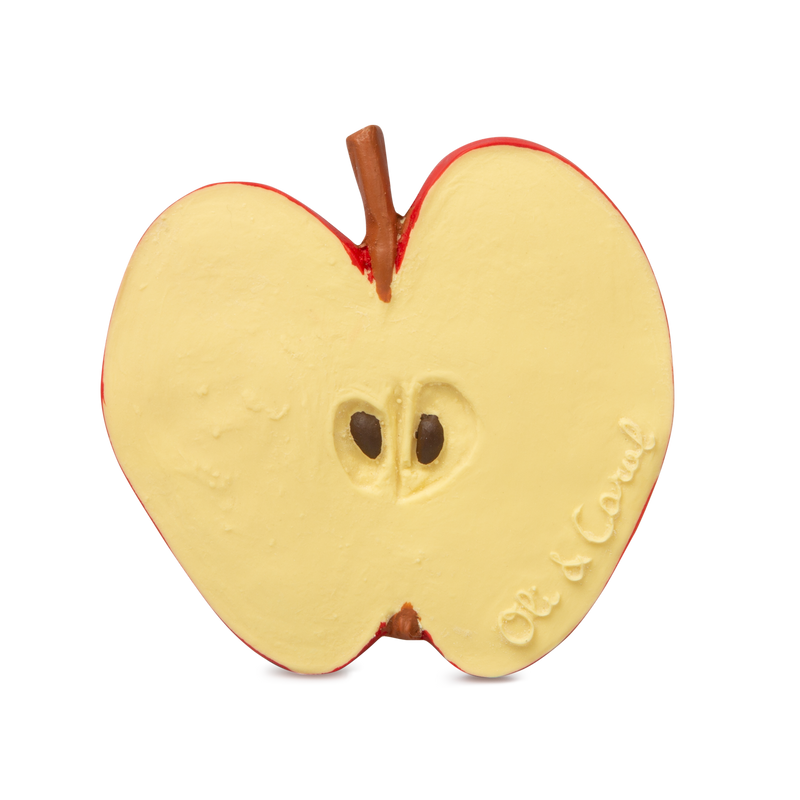 Half-cut apple-shaped object with a brand name on a white background