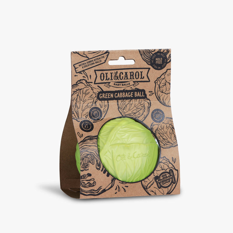 Green cabbage ball in a brown package with Oli and Carol branding on a white background