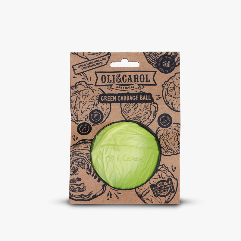 Green cabbage ball in a cardboard packaging with Oli & Carol branding on a white background