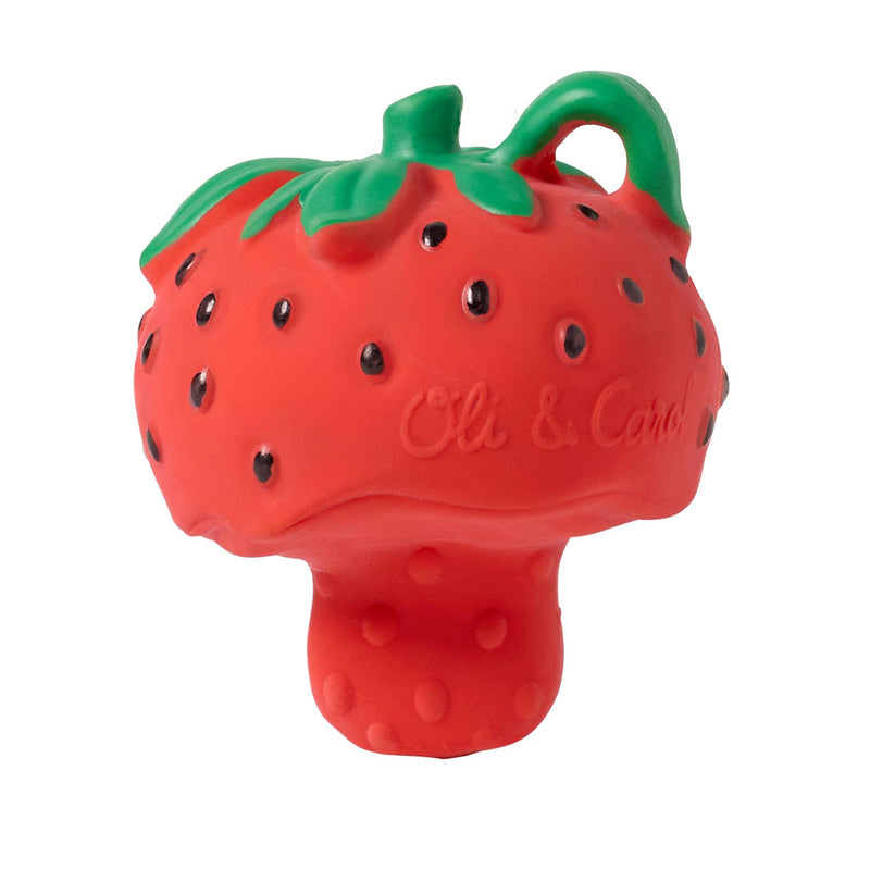 Strawberry-shaped toy with green top on a white background