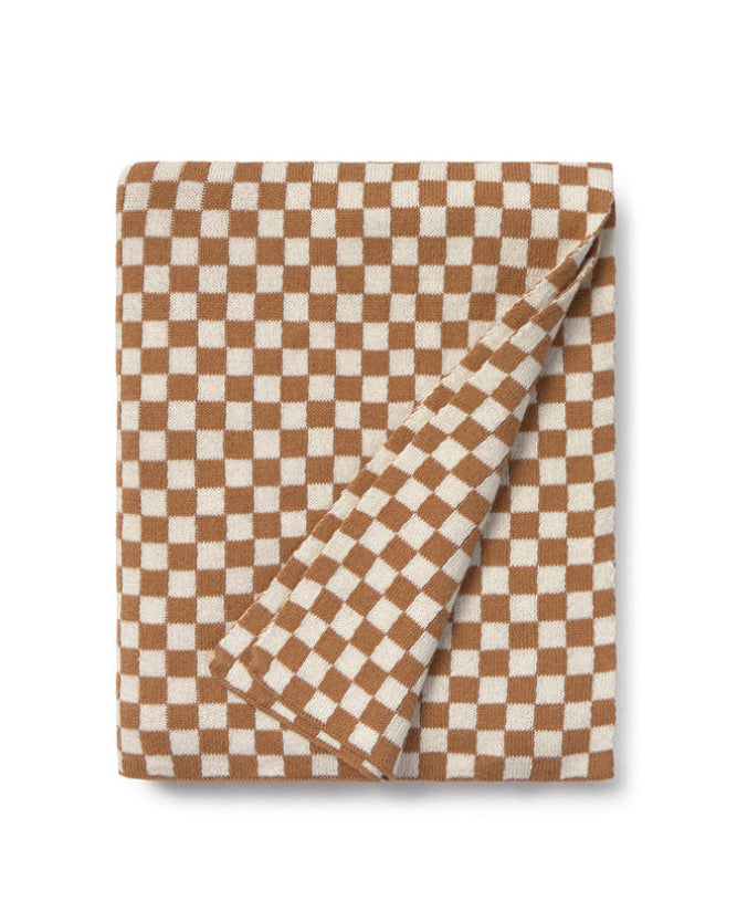 Folded checkered blanket with brown and white pattern on a white background