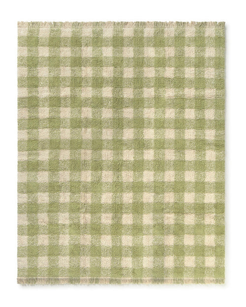 Green and white checkered rug on a white background