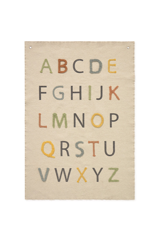 Beige wall art with colorful alphabet letters on a white background