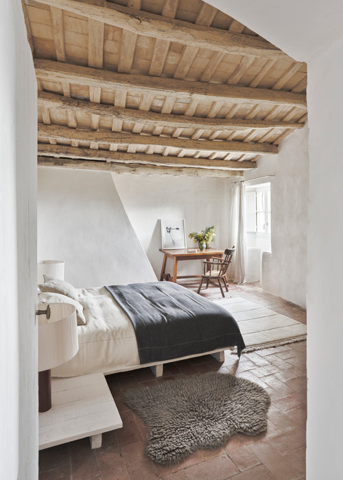 Cozy bedroom with wooden beams on the ceiling, bed with gray blanket, and small table with plants.