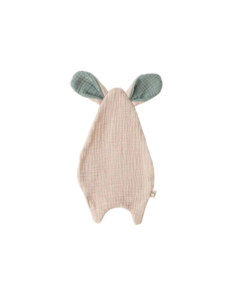 Baby lovie with green bunny ears on a light gray background