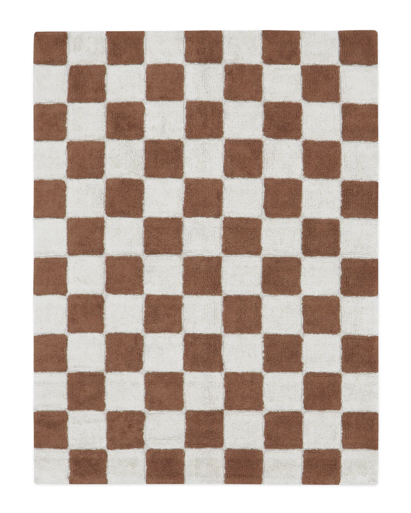 Checkered rug with brown and white squares on a white background