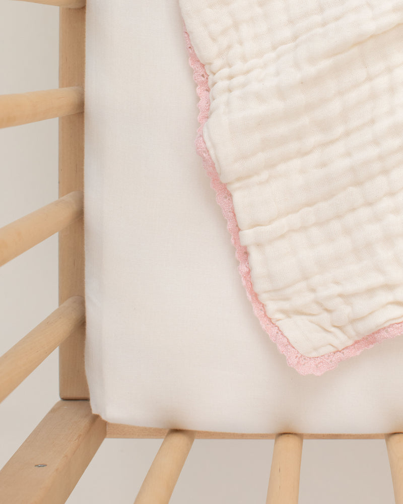 undyed light pink organic cotton gauze lace baby blanket