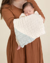 mother and baby with aqua organic cotton gauze geo burp cloth 